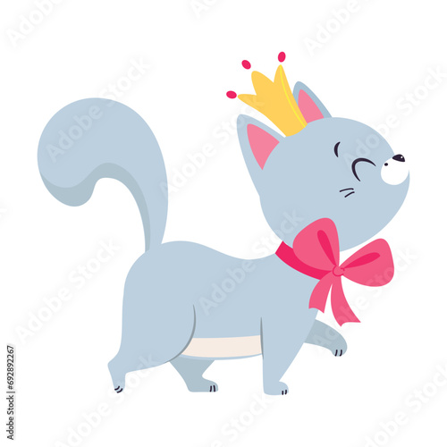 Grey Cat Walking with Golden Crown and Ribbon Bow as Fairy Tale Character Vector Illustration