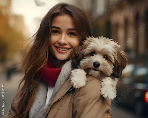 Young brunette woman walking with cute cuddly dog photo