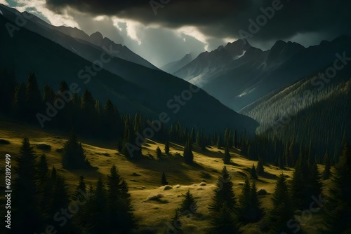 A dramatic scene of dark clouds and warm, dimmer light surrounds a meadow and evergreen woodland in the mountains