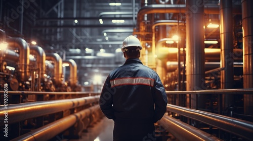 Male worker stands inspection at long steel pipe and pipe elbow in gas station factory between refinery valves of oil pipeline recording inspection and gas industry. photo