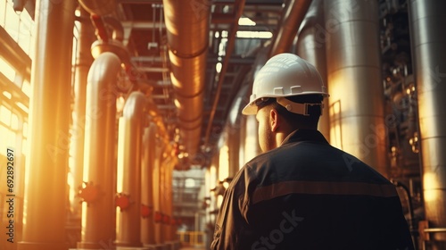 Male worker stands inspection at long steel pipe and pipe elbow in gas station factory between refinery valves of oil pipeline recording inspection and gas industry. © somchai20162516