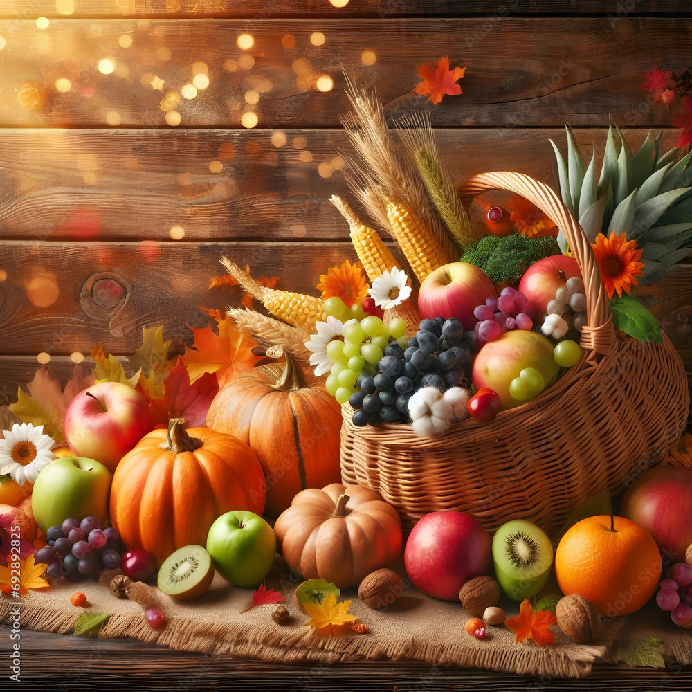 Generative AI autumn fruits and vegetables on a table