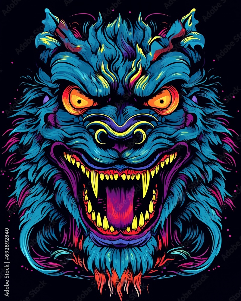 Bright psychedelic monster poster. Horror poster mystical head psychedelic monster. AI Generated.