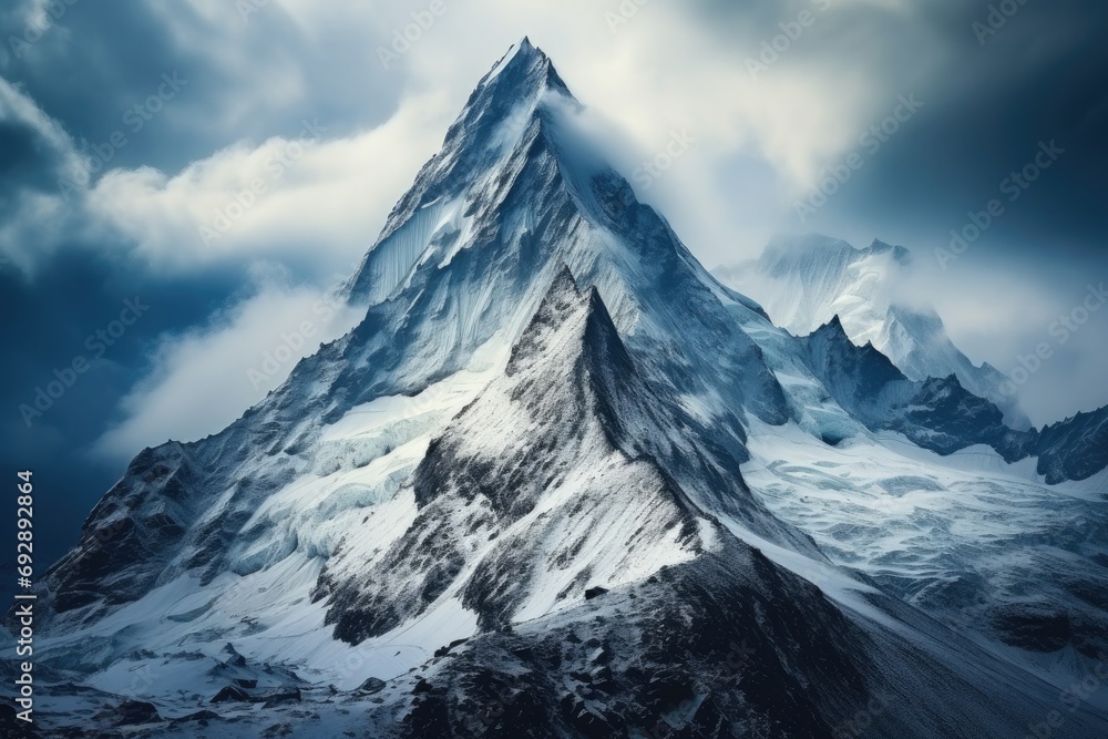Majestic mountain peak surrounded by clouds, awe-inspiring alpine landscape