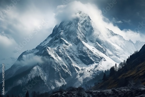 Majestic mountain peak surrounded by clouds, awe-inspiring alpine landscape