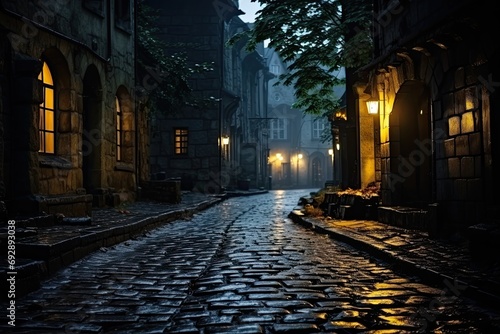 Moody and atmospheric shot of an old cobblestone alley in a historic city, timeless charm
