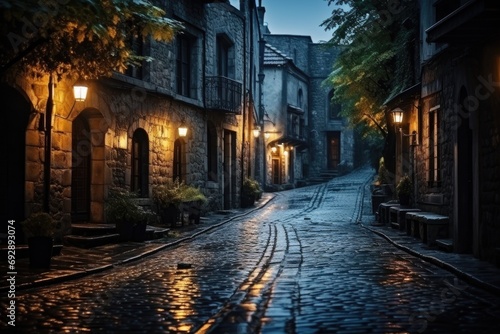 Moody and atmospheric shot of an old cobblestone alley in a historic city, timeless charm © Nino Lavrenkova