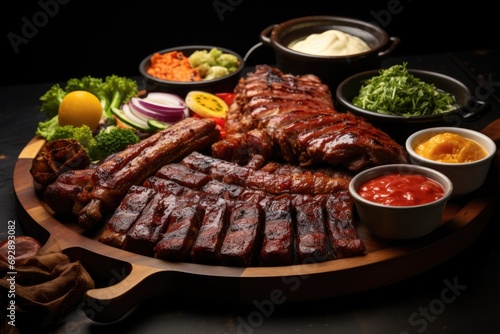 Mouthwatering barbecue platter with a selection of grilled meats, sausages, and flavorful sauces, a hearty and indulgent feast for barbecue enthusiasts