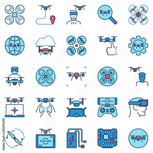 FPV Drone colored icons set. Drone and Quadcopter concept vector signs