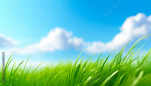 Green grass against blue sky and clouds, spring, summer, sunny days ahead; selective focus