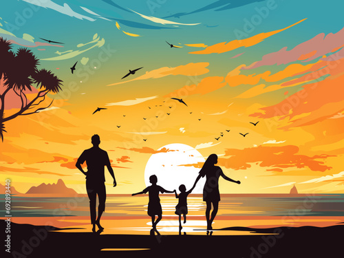 happy family jumping together on the beach holiday vacation travel vector illustration
