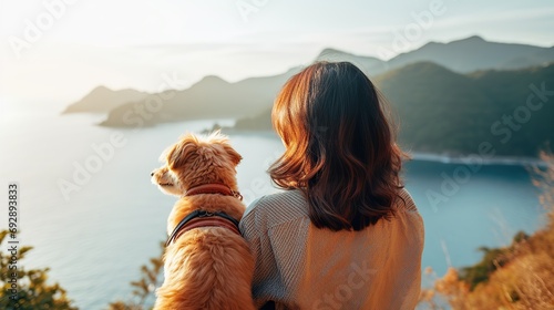 A young woman smiles with her cheerful canine companion, their long hair intertwined as they share a moment of friendship and positive emotion.