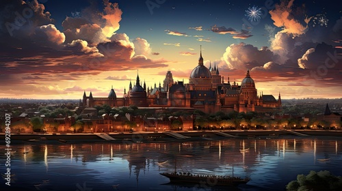 the castle on top of clouds as night falls, in the style of evgeny lushpin, nightcore
