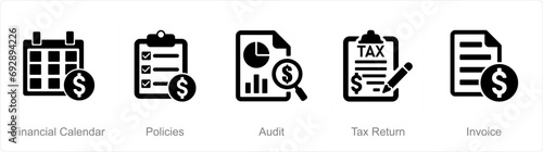 A set of 5 accounting icons as financial calendar, policies, audit