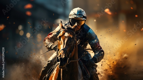Jockey champion on racing horse on hippodrome photo