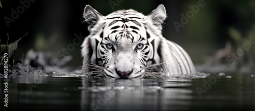 Monochromatic image of a white tiger in aquatic surroundings. photo