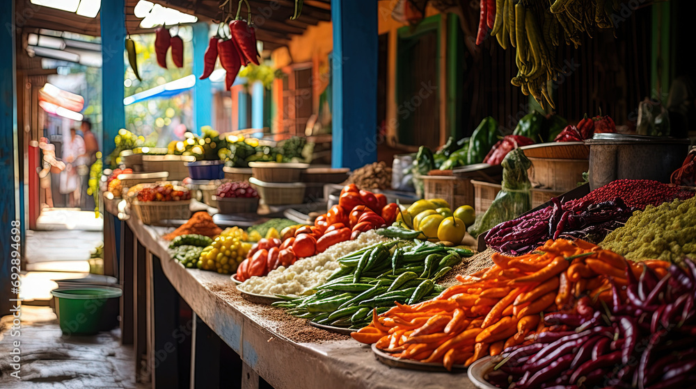 Mexican Spice Market, Colorful Peppers and Fresh Vegetables