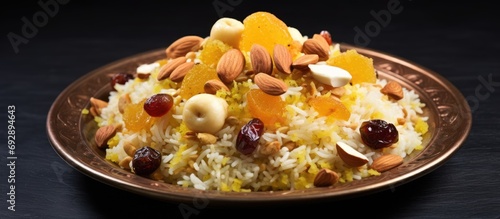 Sweet modur pulao from Kashmir made with rice, sugar, saffron, and dry fruits. photo