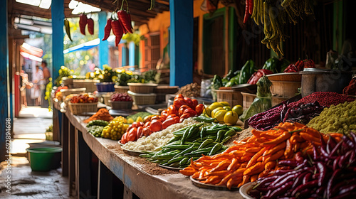 Mexican Spice Market, Colorful Peppers and Fresh Vegetables photo