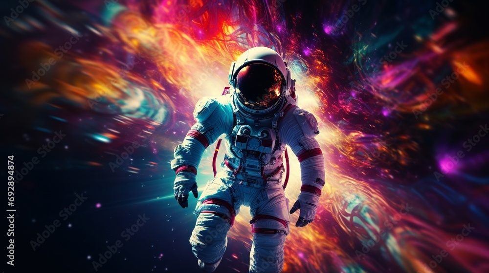 Exploring the Cosmos: Astronaut Walking on Vibrant Lunar Surface with Space Backdrop, Futuristic Concept