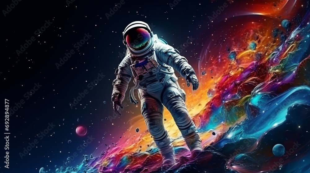 Exploring the Cosmos: Astronaut Walking on Vibrant Lunar Surface with Space Backdrop, Futuristic Concept