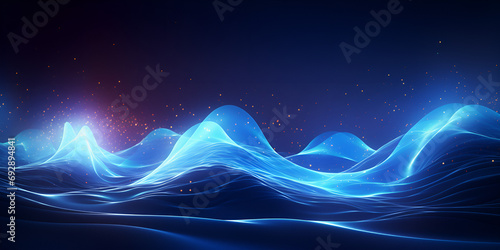Abstract particle wave blue color wave flowing particles, Sound wave blue electric light liquid water texture abstract background. 