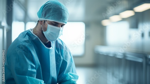 Male surgeon with hand over face sitting in the corridor at hospital. Surgeon is wearing surgical mask, surgical cap, gown, and surgical gloves