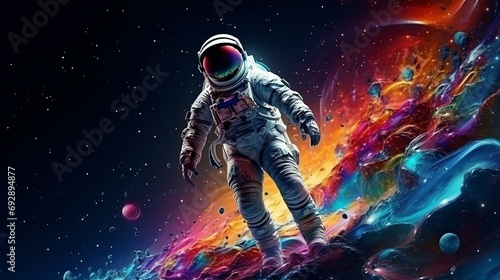 Exploring the Cosmos: Astronaut Walking on Vibrant Lunar Surface with Space Backdrop, Futuristic Concept © Nazia
