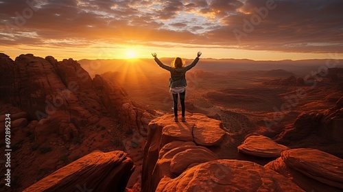 Cheering young woman hiker with open arms celebrating at mountain peak cliff during sunrise