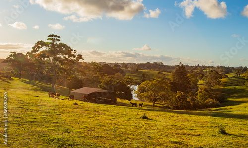 The view of the farm house and meadow in a valley in regional Queensland in the dusk