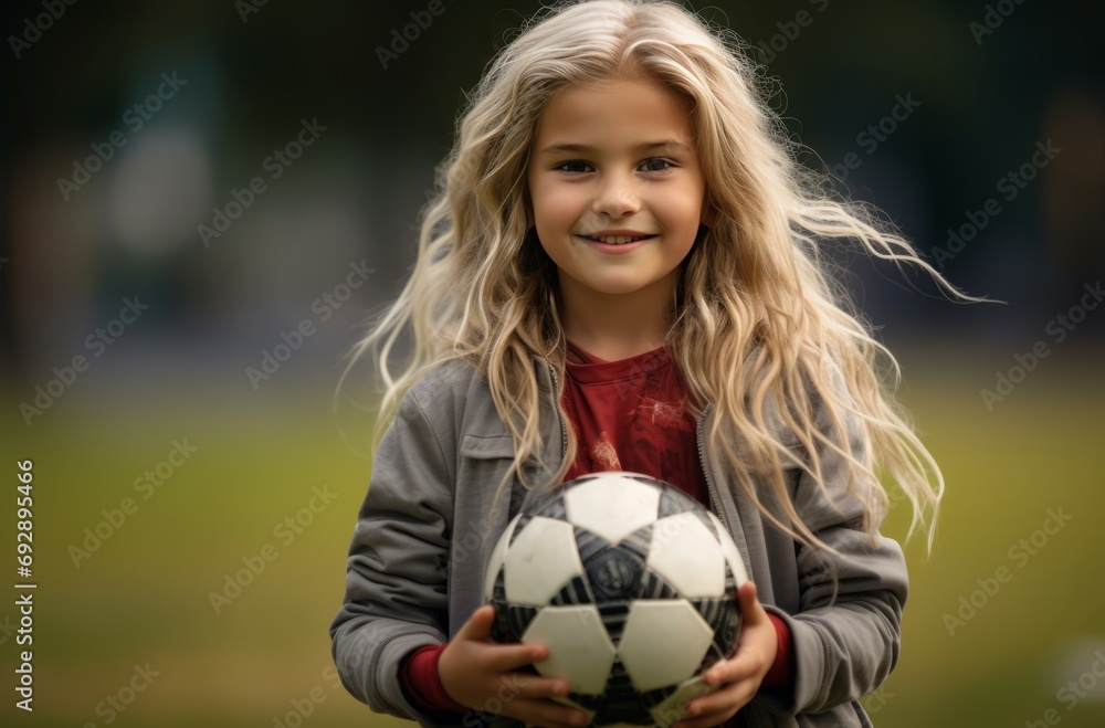 Smiling child holding a soccer ball outdoors Smiling child holding a soccer ball outdoors