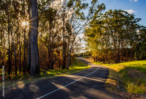 The view of the country road in regional Queensland in the afternoon sunshine