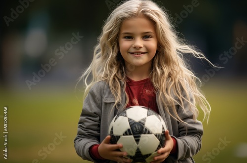Smiling child holding a soccer ball outdoors