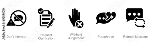 A set of 5 Active Listening icons as don�t inturrupt, request clarification, with hold judgement