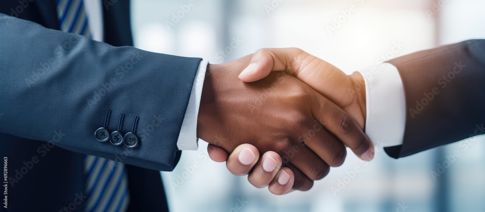 Employer hiring candidate, congratulating, welcoming, shaking hands. Client thanking expert with handshake after meeting.