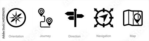 A set of 5 Adventure icons as orientation, journey, direction