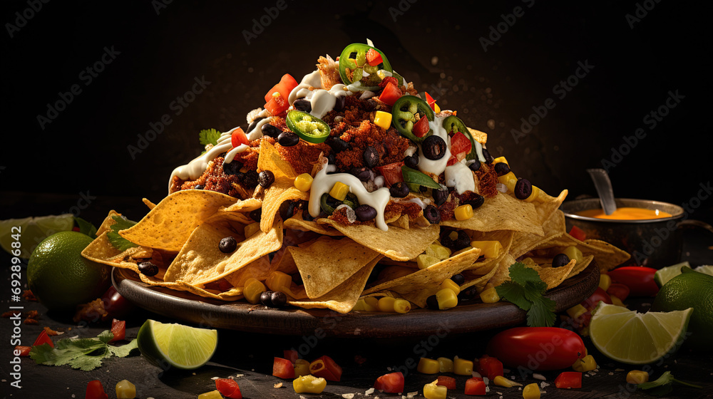 A Gastronomic Fiesta of Crispy Corn Tortilla Nachos, Piled High with Zesty Mexican Flavors