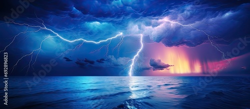 Intense lightning storm above sea.