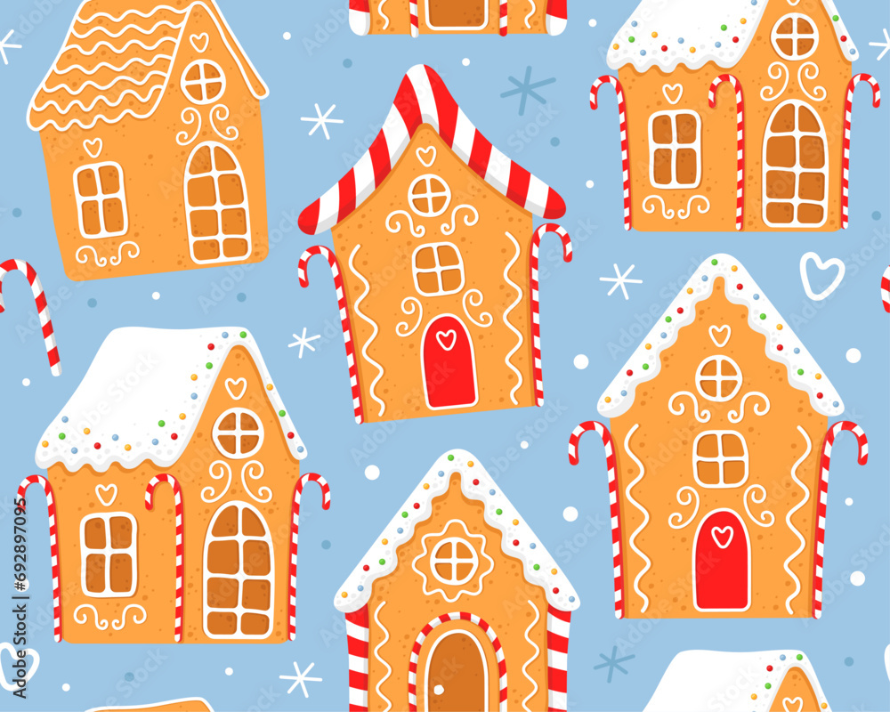 Seamless pattern with gingerbread houses on a blue background. Gingerbread houses with white sugar glaze. Red white striped christmas candles. Design for wrapping paper, fabric, textile, decor.
