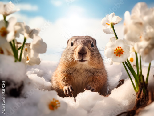 Cute groundhog crawls out of a snow hole next to snowdrops on Groundhog Day, high quality photo, stock photo, --ar 4:3 --v 5.2 Job ID: 1eb913c1-85b0-4133-abcc-7ed00781588f