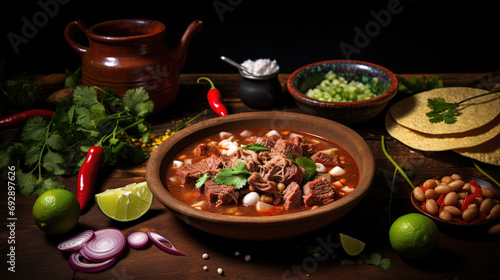 A Culinary Hearty Pozole Soup Infused with the Richness of Corn, Dried Pork, Succulent Chicken, Vibrant Chilies, and Exquisite Spices