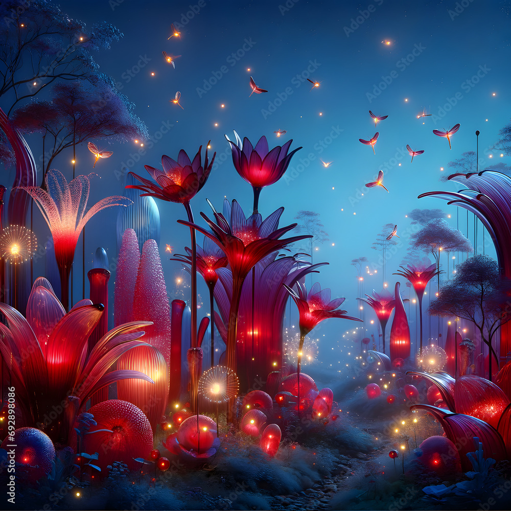 Enchanted Nighttime Floral Landscape. Generative AI illustration