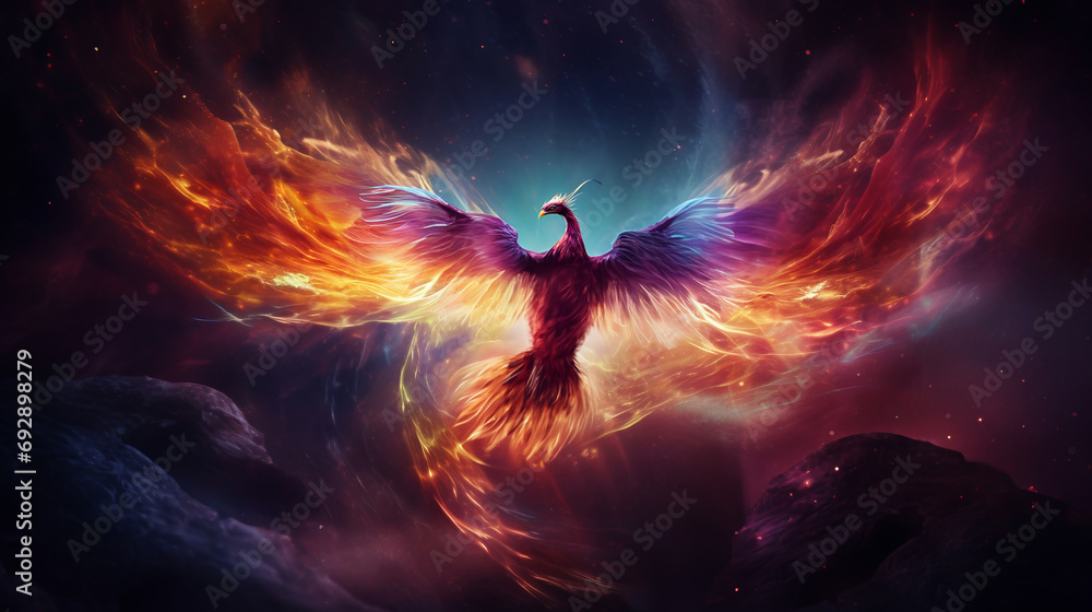 Adorable phoenix bird with majestic wings spread graces fantastical cosmic landscape signifies eternal cycle of renewal, mystical journey and symbolism of rebirth and reincarnation - obrazy, fototapety, plakaty 