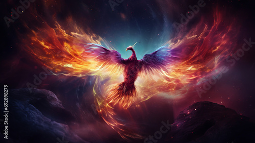 Fényképezés Adorable phoenix bird with majestic wings spread graces fantastical cosmic lands