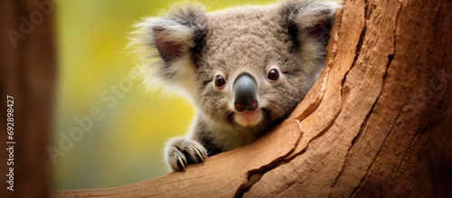 Adorable Australian koala baby in a tree. © 2rogan