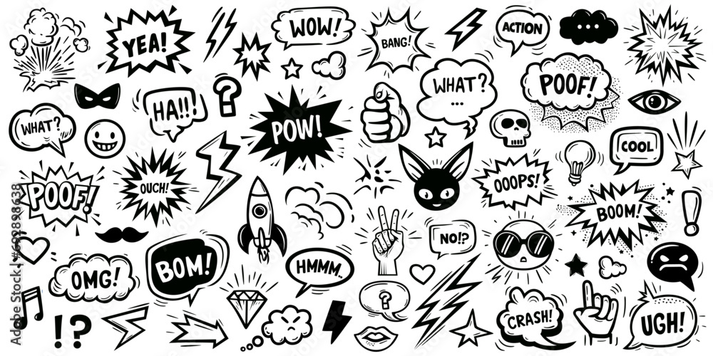  Set of hand drawn elements doodle comics isolated on white background. Speech bubbles with the words bom, boom, pow, poof, omg, crush - obrazy, fototapety, plakaty 