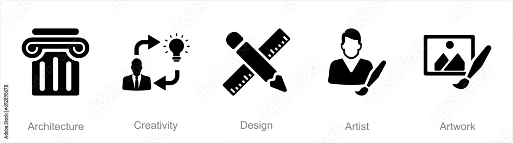 A set of 5 Art icons as architecture, creativity, design A set of 5 Art icons as architecture, creativity, design