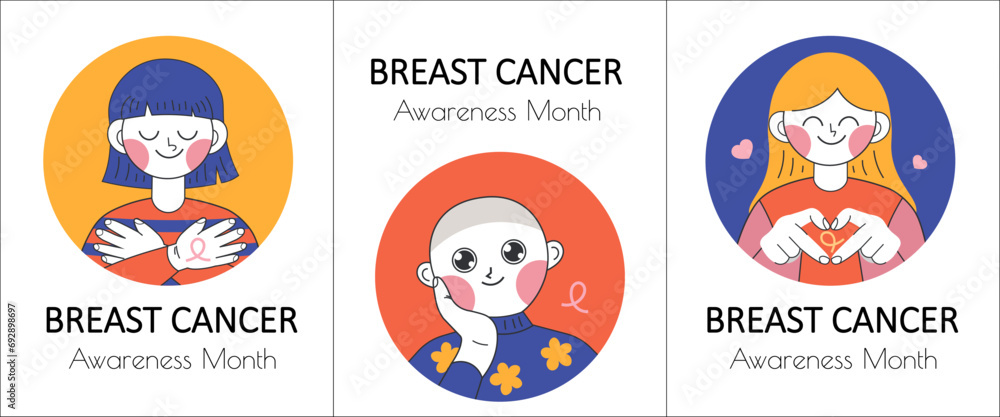 International Breast Cancer Day. Vector cards, posters with cute cartoon characters