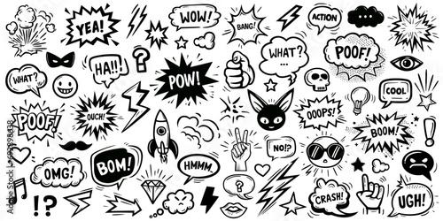  Set of hand drawn elements doodle comics isolated on white background. Speech bubbles with the words bom, boom, pow, poof, omg, crush photo