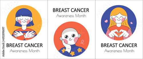 International Breast Cancer Day. Vector cards, posters with cute cartoon characters